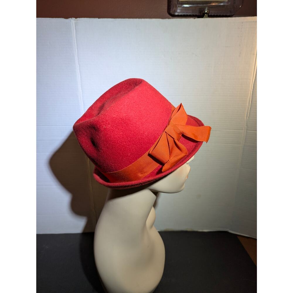 Vintage 50s Red Fur Felt Cloche Hat Orange Ribbon Bow Mid-Century Mod Fedora - Picture 5 of 8